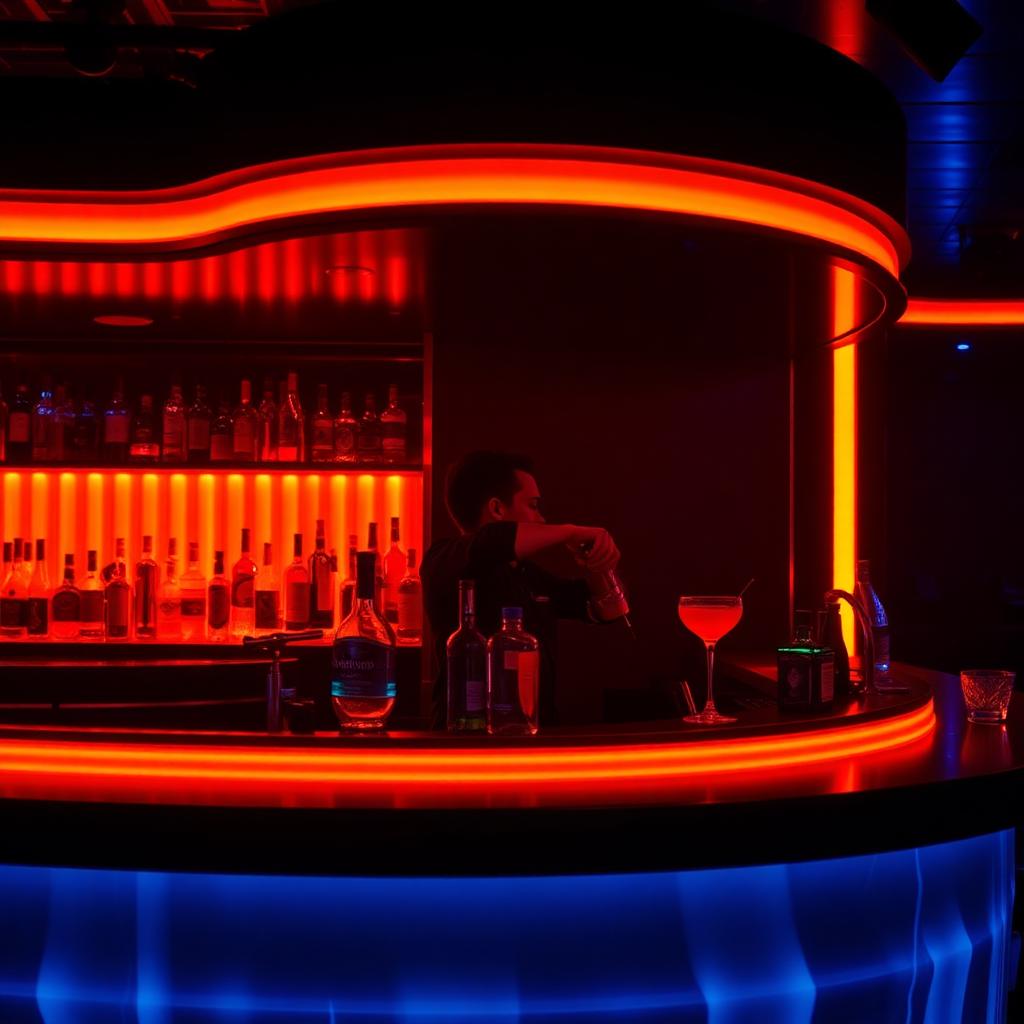 Barra del club iluminada en naranja neón